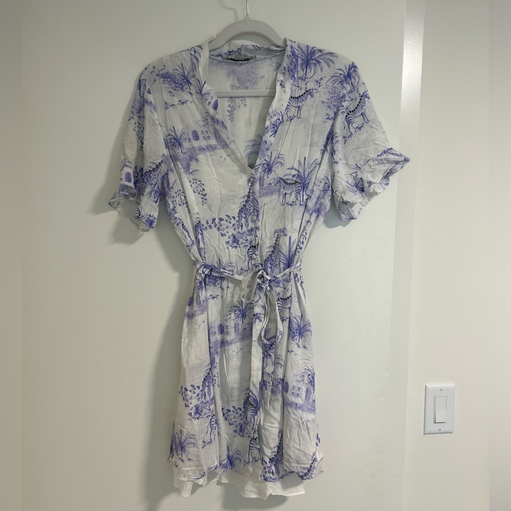 White and Blue Printed Wrap Dress